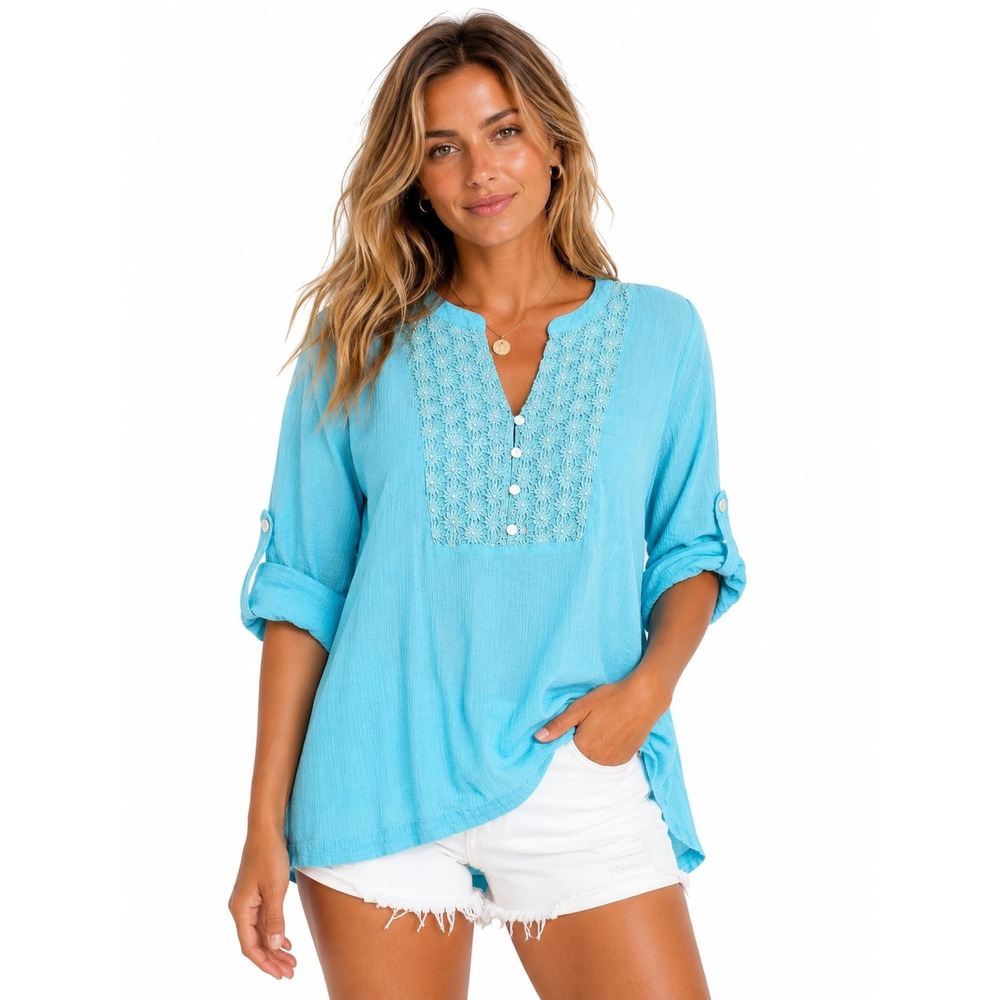 Krazy Kat XXL Turquoise Crochet Lace Gauze Roll Tab Tunic Top Coastal Peasant